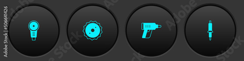 Set Angle grinder, Circular saw blade, Electric cordless screwdriver and Soldering iron icon. Vector