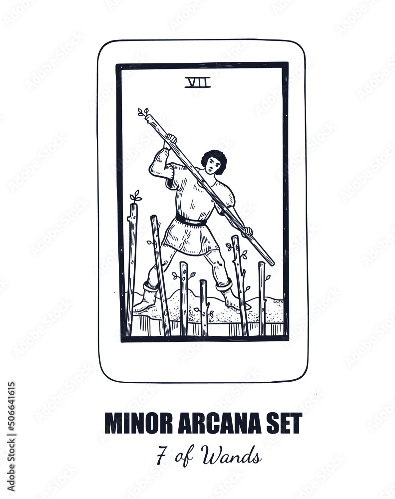 Tarot set. Vector hand drawn Minor Arcana . 7 of Wands Tarot set. Vector hand drawn Minor Arcana . 7 of Wands