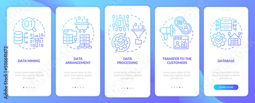 Collect and processing data blue gradient onboarding mobile app screen. Walkthrough 5 steps graphic instructions pages with linear concepts. UI, UX, GUI template. Myriad Pro-Bold, Regular fonts used