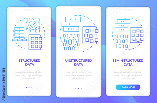 Types of big data blue gradient onboarding mobile app screen. Database walkthrough 3 steps graphic instructions pages with linear concepts. UI, UX, GUI template. Myriad Pro-Bold, Regular fonts used