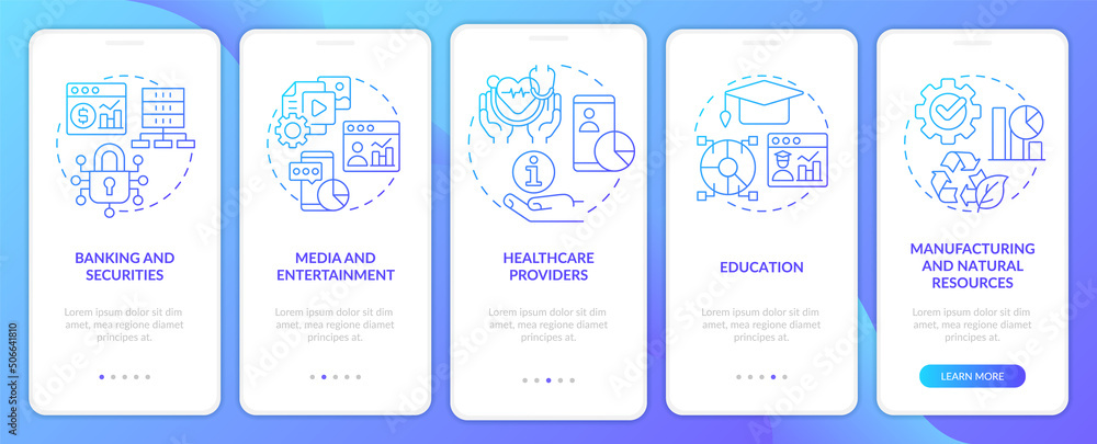 Big data applications types blue gradient onboarding mobile app screen. Walkthrough 5 steps graphic instructions pages with linear concepts. UI, UX, GUI template. Myriad Pro-Bold, Regular fonts used