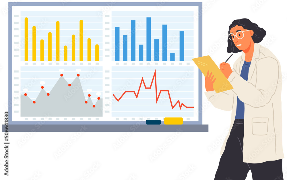 Search for solutions, scientific analysis concept. Woman looking at statistical chart. Scientist works with data analytics and research of statistics. Person with magnifying glass analyzes diagram Search for solutions, scientific analysis concept. Woman looking at statistical chart. Scientist works with data analytics and research of statistics. Person with magnifying glass analyzes diagram
