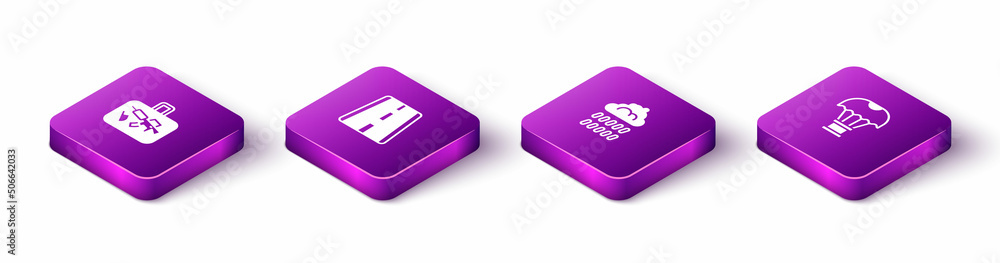 Set Isometric Suitcase, Airport runway, Cloud with rain and Box flying on parachute icon. Vector Set Isometric Suitcase, Airport runway, Cloud with rain and Box flying on parachute icon. Vector