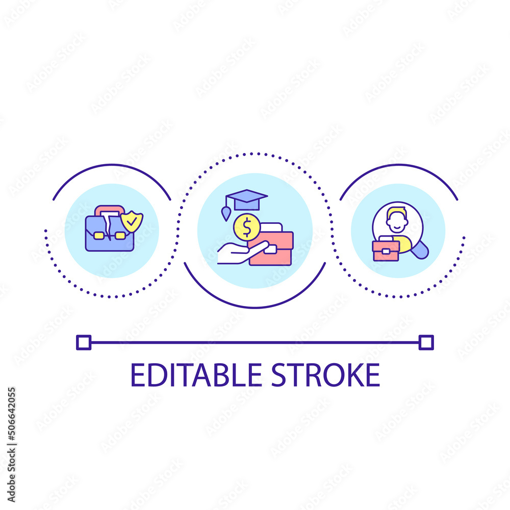 Unemployment benefits and support loop concept icon. Government financial aid. Social assistance abstract idea thin line illustration. Isolated outline drawing. Editable stroke. Arial font used Unemployment benefits and support loop concept icon. Government financial aid. Social assistance abstract idea thin line illustration. Isolated outline drawing. Editable stroke. Arial font used
