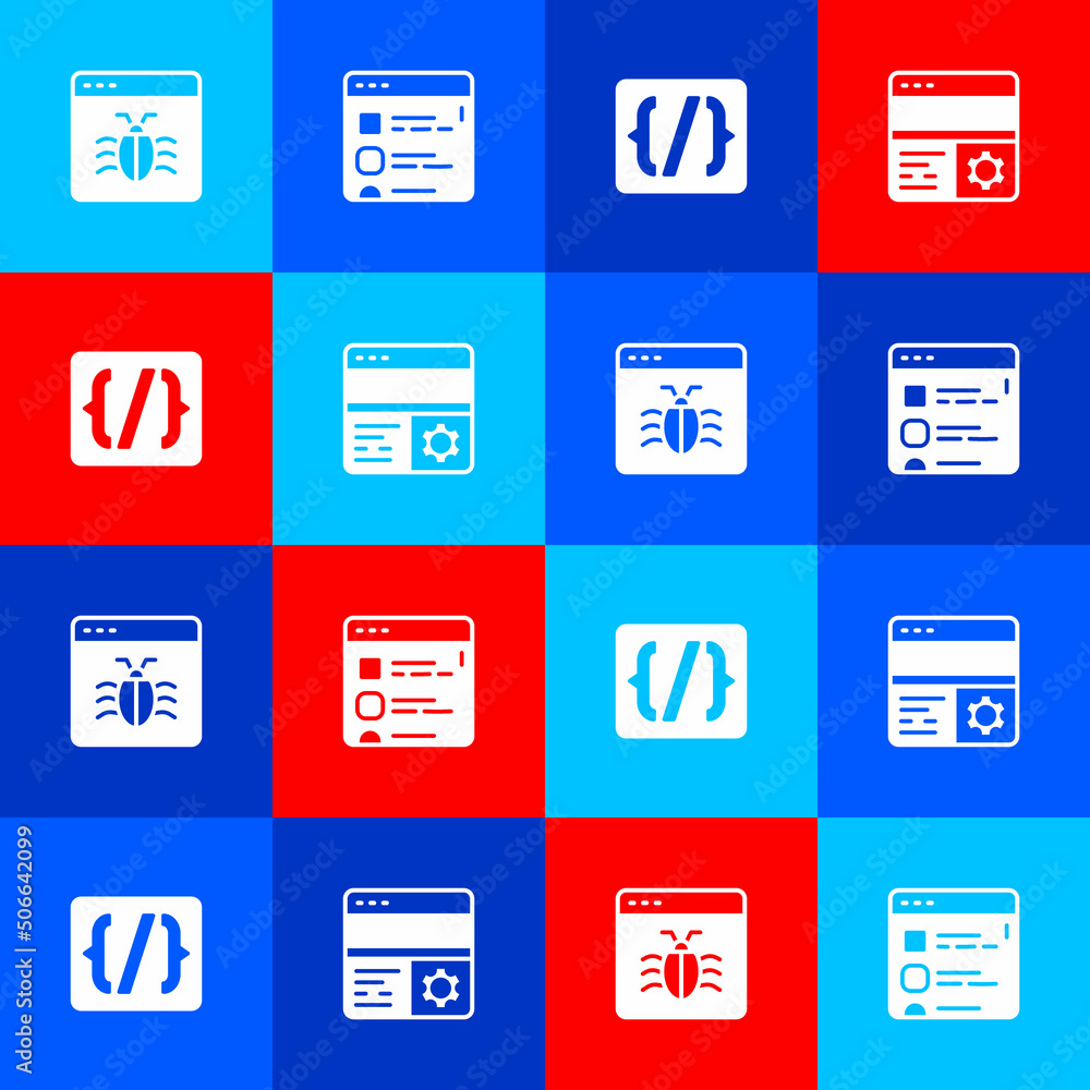 Set System bug, Browser files, Programming language syntax and Debugging icon. Vector Set System bug, Browser files, Programming language syntax and Debugging icon. Vector