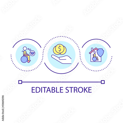 Social programs for people with disabilities loop concept icon. Government support and help abstract idea thin line illustration. Isolated outline drawing. Editable stroke. Arial font used