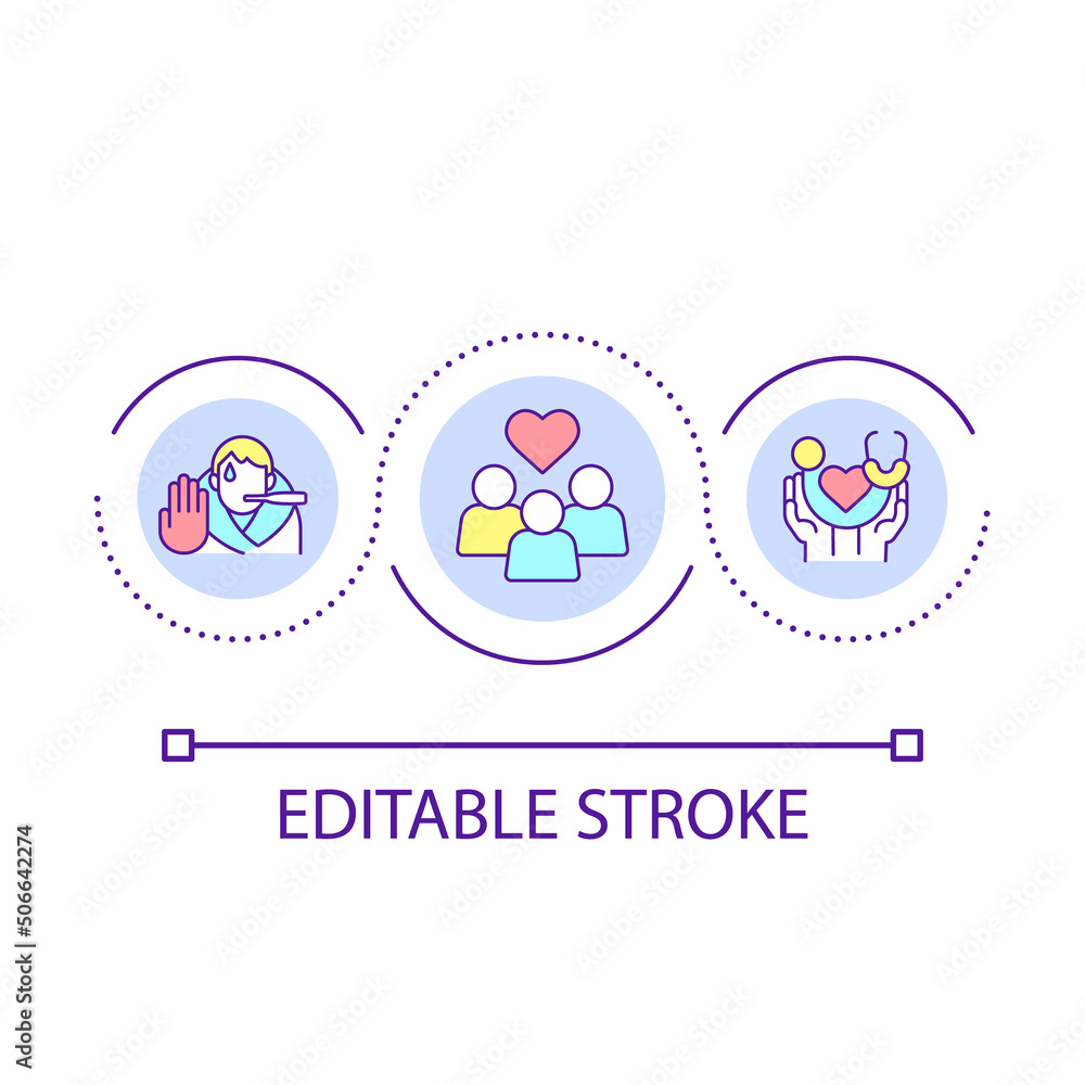 Community based medical care services loop concept icon. Disease prevention. Social assistance abstract idea thin line illustration. Isolated outline drawing. Editable stroke. Arial font used Community based medical care services loop concept icon. Disease prevention. Social assistance abstract idea thin line illustration. Isolated outline drawing. Editable stroke. Arial font used