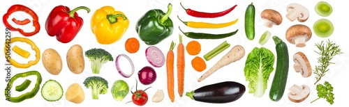 healthy fresh cooking food ingredients with pieces like sweet hot pepper onion mushrooms carrots herbs and potatoes isolated white background with clipping path. vegan vegetable nutrition concept