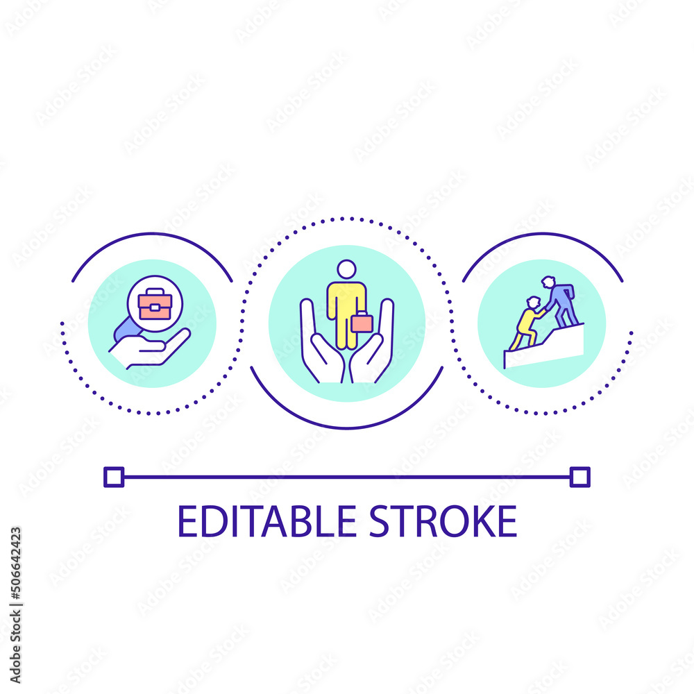 Labour market social program loop concept icon. Social protection. Service and support abstract idea thin line illustration. Isolated outline drawing. Editable stroke. Arial font used Labour market social program loop concept icon. Social protection. Service and support abstract idea thin line illustration. Isolated outline drawing. Editable stroke. Arial font used