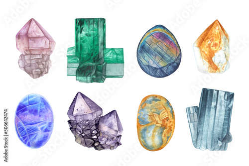 Bild auf Leinwand Watercolor beautiful set of gemstones, quartz, amethyst, emerald, moon stone, citrine, aquamarine, amber, labradorite isolated on white