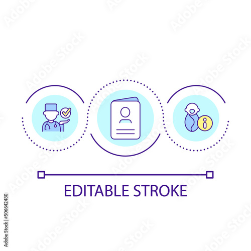 Birth certificate loop concept icon. Official record of child birth. Application for social program abstract idea thin line illustration. Isolated outline drawing. Editable stroke. Arial font used