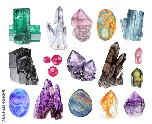 Foto Watercolor crystals, gemstones isolated on white background