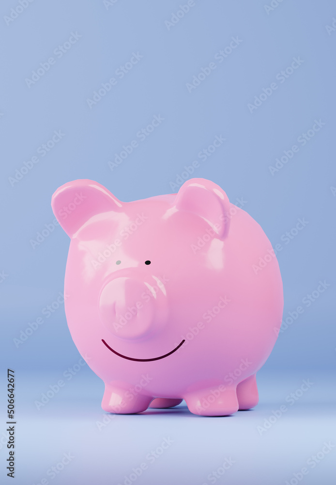 Big pink piggy bank on a blue wall