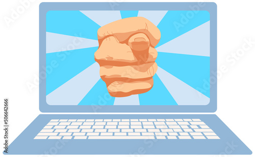 Fig as form of rude refusal expression. Fist with thumb between fingers on laptop screen. Negative gesture, symbol of disagreement on monitor. Human hand gesturing, showing obscene sign, thumb