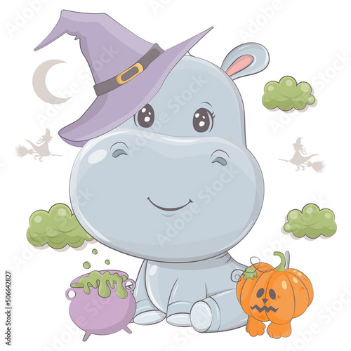 Cartoon witch hippo with pumpkin. Vector illustration of Halloween animal. Cute little illustration Halloween hippopotamus for kids, fairy tales, covers, baby shower, textile t-shirt, baby book.