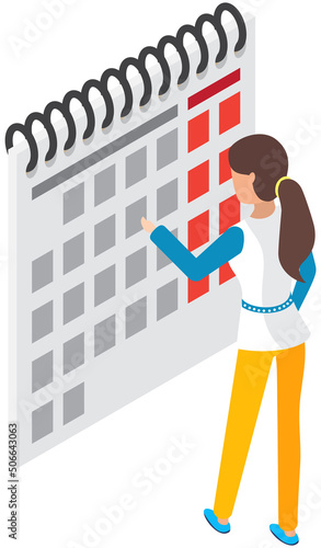 Woman standing and looking calendar. Business best strategy planning events, shcheduling work, time management concept. Datas with dates and events for business development, meeting organization