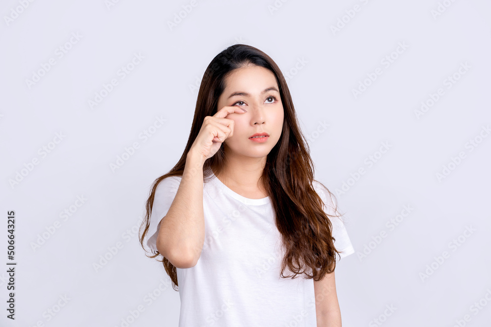Woman with eye pain, allergy, irritation, girl suffering from optical problem concept Woman with eye pain, allergy, irritation, girl suffering from optical problem concept