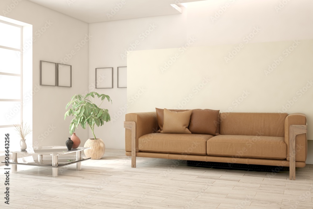 Fototapeta premium White living room with orange sofa. 3D illustration