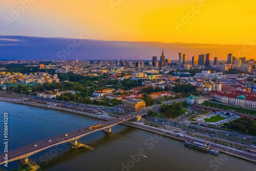 Panorama of Old Town and downtown of Warsaw from drone perspective during sunset
