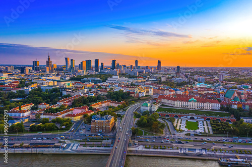 Panorama of Old Town and downtown of Warsaw from drone perspective during sunset