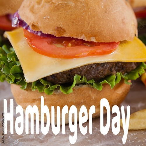 Composite image of hamburger day text with hamburger in background, copy space