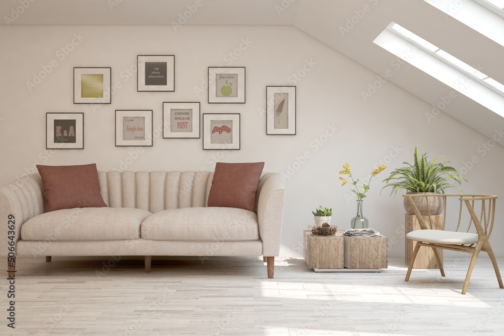 Fototapeta premium White living room with sofa. Scandinavian interior design. 3D illustration