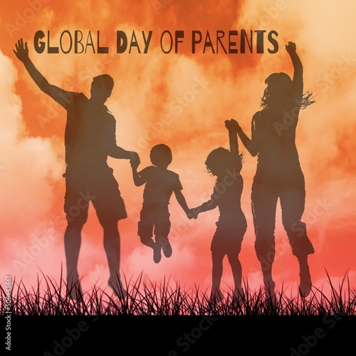 Digital composite of global day of parents text over silhouette excited family jumping against sky