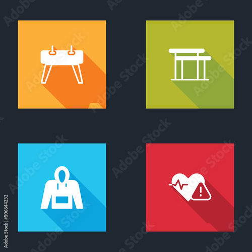 Set Pommel horse, Uneven bars, Hoodie and Heart rate icon. Vector