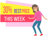 Sale banner with woman dancing near advertising poster. Shopping time promotional style. Happy female character rejoices in discounts and big sale in store. Positive lady advertises best prices