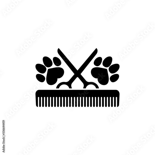 Dog grooming logo design template. Dog pawprint with comb and scissors. Vector clipart and drawing. Isolated illustration on white background.