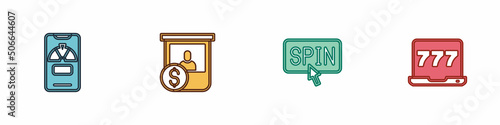 Set Lucky wheel on phone, Casino chips exchange, Slot machine spin button and Laptop and slot icon. Vector