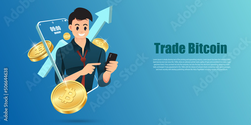 Man trade bitcoin.Bitcoin Crypto on Mobile.Cripto currency, Bitcoin currency. Crypto coin with growth graph. International stock exchange. Bitcoin uptrend