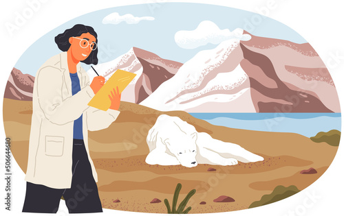 Woman with clipboard exploring nature. Researcher analyzes wildlife of Arctica. Environmental and cology research. Scientist conducts ecological analysis. Explorer near wild mammal, polar bear