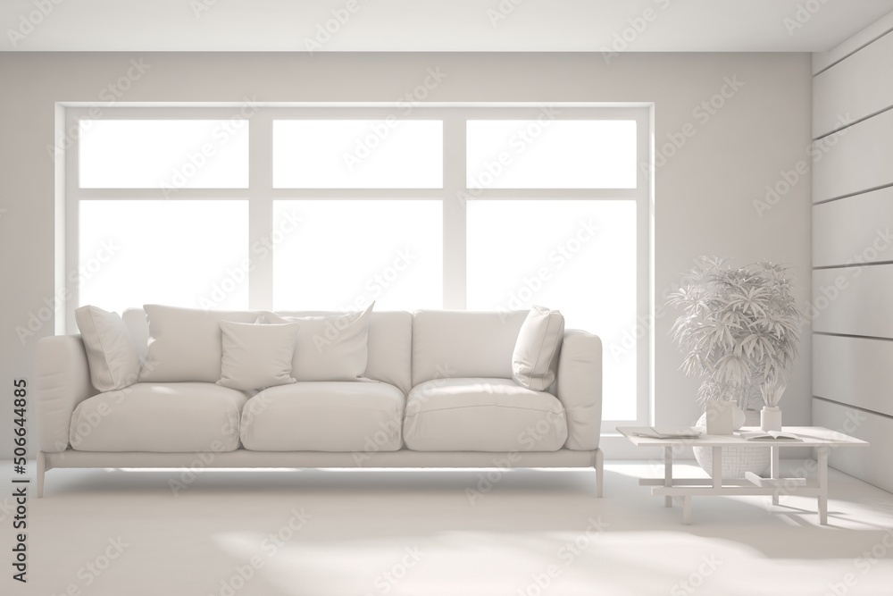 Fototapeta premium White minimalist living room with sofa. Scandinavian interior design. 3D illustration