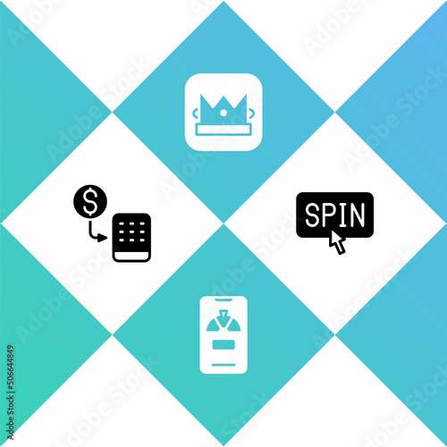 Set Casino chips exchange, Lucky wheel on phone, King playing card and Slot machine spin button icon. Vector