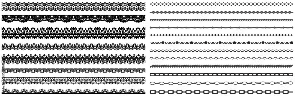 Set of wide lace ribbons with print. Black design elements isolated on white background. Seamless pattern for creating style of card with ornaments. Lace decoration template, ribbons for design - obrazy, fototapety, plakaty 