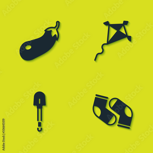 Set Eggplant, Socks, Shovel and Kite icon. Vector