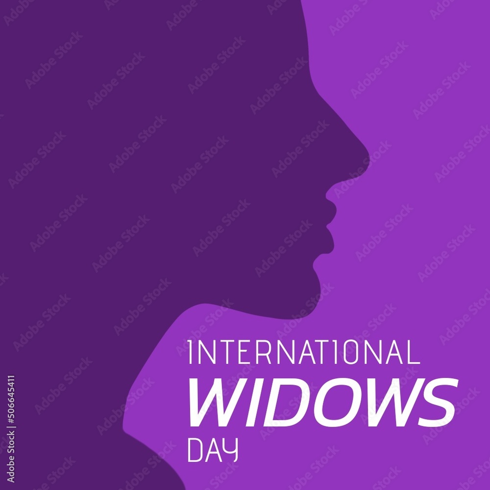 Illustrative image of woman and international widows day text against purple background, copy space