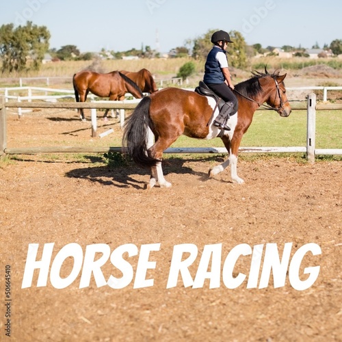 Composite image of horse racing text on white background and caucasian boy riding horse in ranch