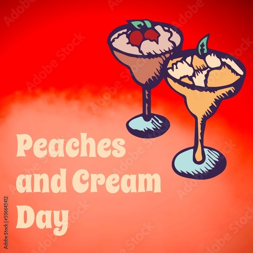 Illustration of dessert in glasses with peaches and cream day text on red background, copy space
