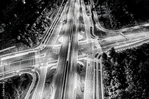 Photography Aerial view of landscape perfect night road, top view at night traffic long exposure