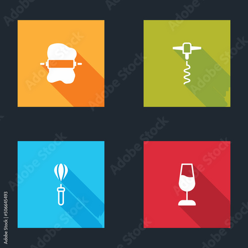 Set Rolling pin on dough, Wine corkscrew, Kitchen whisk and glass icon. Vector
