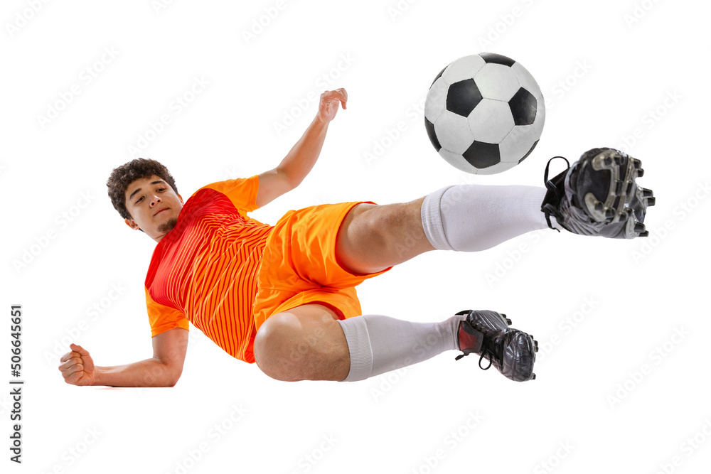 Professional football, soccer player in motion isolated on white studio background. Concept of sport, match, active lifestyle, goal and hobby. Wide angle view