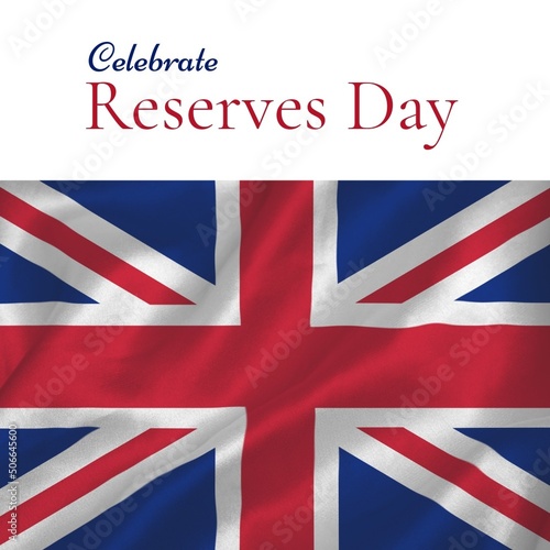 Digital composite image of reserves day text on union jack over white background