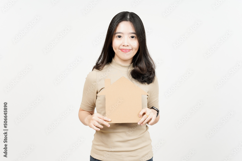 Holding House Cutout or Think for Buying House Of Beautiful Asian Woman Isolated On White Background Holding House Cutout or Think for Buying House Of Beautiful Asian Woman Isolated On White Background