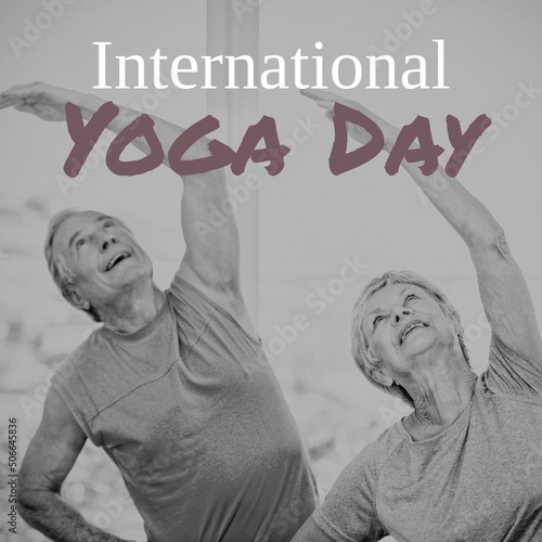 Composite of international yoga day text and smiling caucasian mature couple exercising in studio