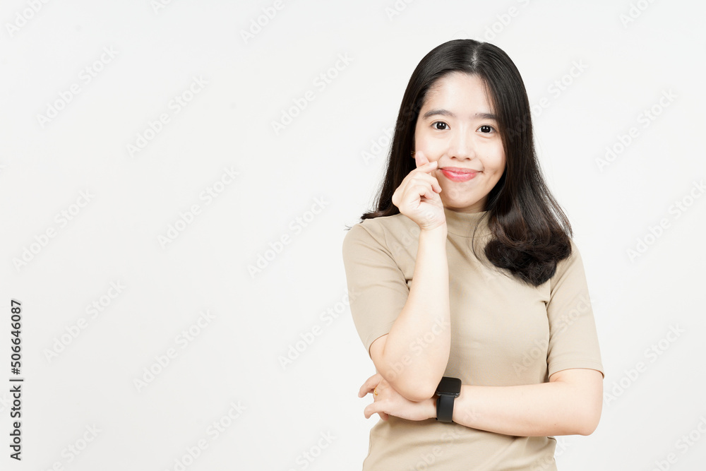Showing Korean Love Finger Of Beautiful Asian Woman Isolated On White Background Showing Korean Love Finger Of Beautiful Asian Woman Isolated On White Background