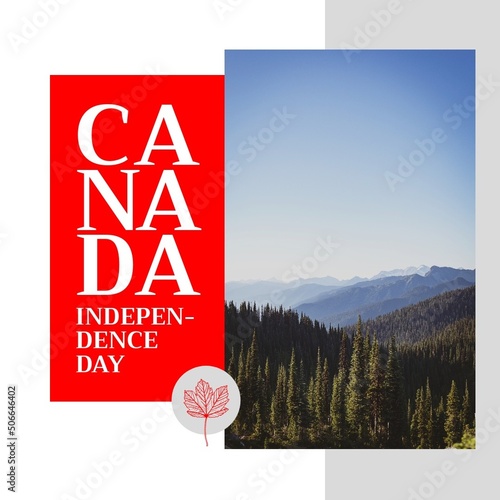 Composite of canada independence day text and scenic view of pine trees with mountains and clear sky