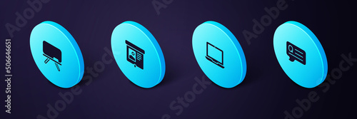Set Isometric Speech bubbles with Question, Laptop, Projection screen and Chalkboard icon. Vector