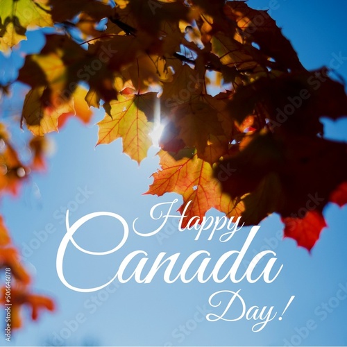 Composite of happy canada day text and maple leaves growing on branches against clear blue sky